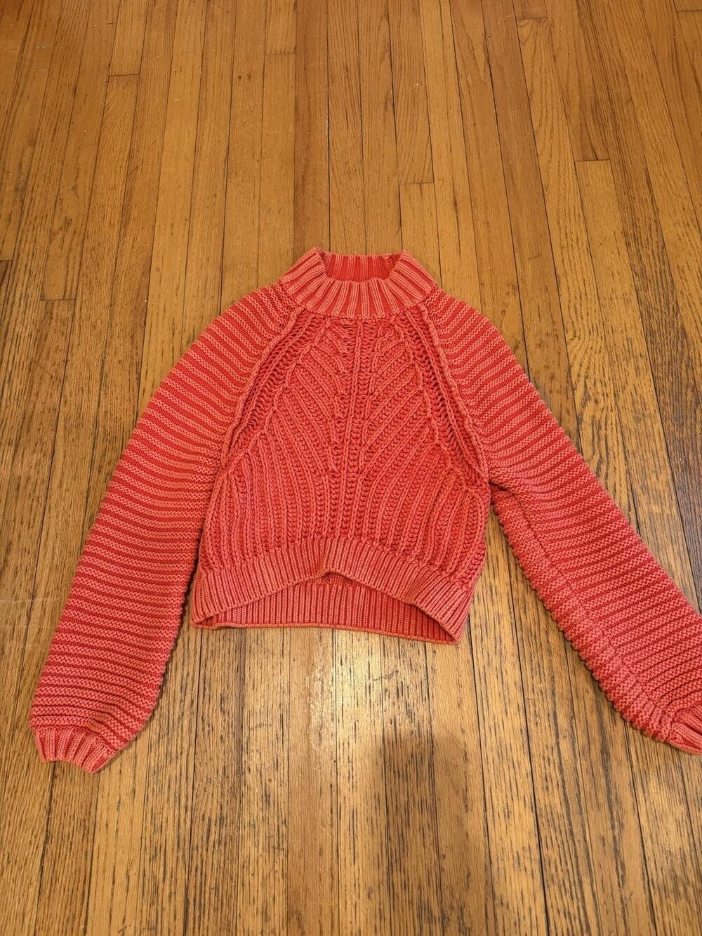 Free People Sweater Womens XS Orange Mock Neck Cable Knit Raglan Pullover